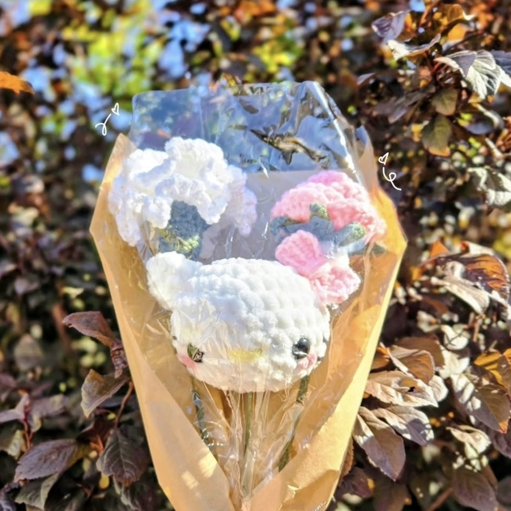 Handmade Crochet Flower Bouquet - White & Pink Plush Stems